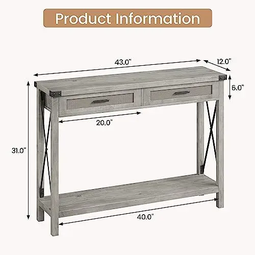 Farmhouse Entryway Table, Grey Console Table with Rattan Drawers, 43