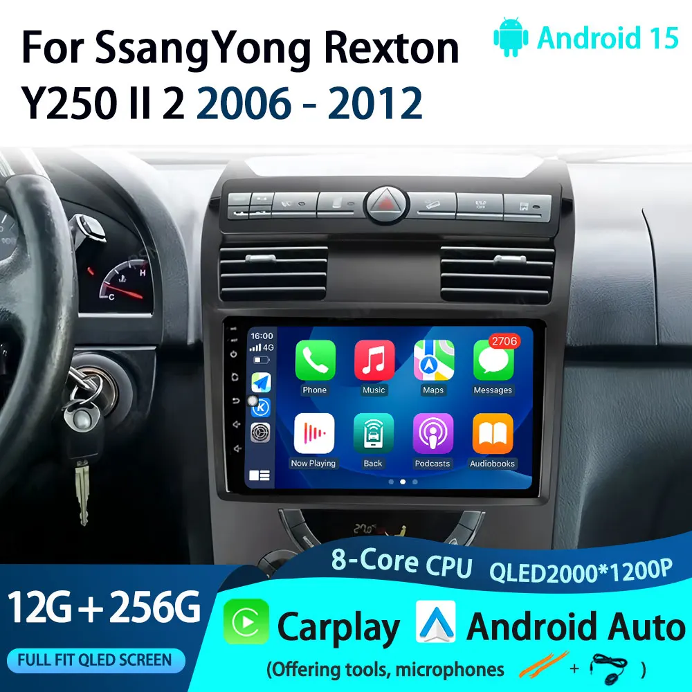 

For SsangYong Rexton Y250 II 2 2006 - 2012 2K QLED Android 15 Car Radio Multimedia Video Player GPS CarPlay 4G wifi no 2din