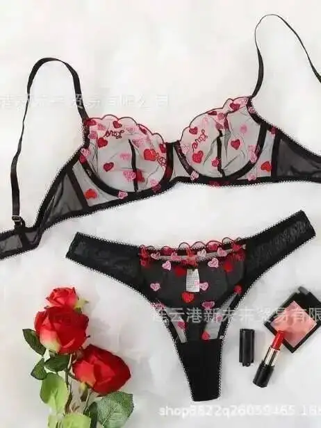 Sexy Transparent Heart Print Mesh Lace Bikini Backless Deep V Suspenders Sleeveless Bikini Charming Elegant Pure Desire 8DIQ