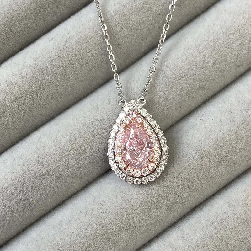 1Ct Light Pink Pear CVD&HPHT Lab Grown Diamond Two Tone Gold Pendant Necklace Gift For Her