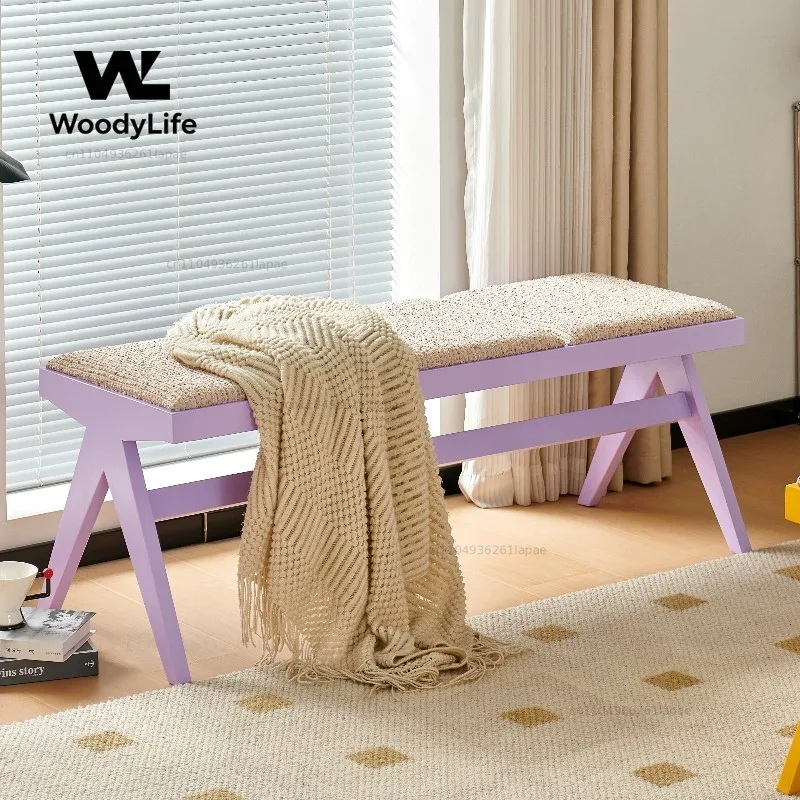 Colorful Mixed Solid Wood Long Bench, Multicolor Dopamine Bedroom End Stool, Vintage Versatile Low Bench for Home Living Room
