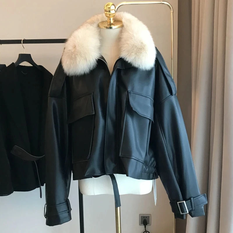 New Chic Autumn Winter Detachable Faux Mink Fur Collar PU Bomber Jacket Plus Velvet Thick Trench Coat Faux Leather Zipper Jacket