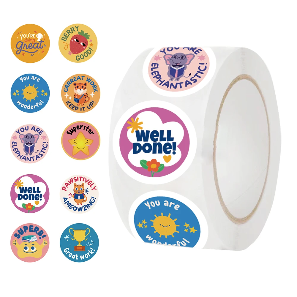 500Pcs/roll Cartoon Teacher Reward Stickers, Roll Vinyl Stickers For Laptop, Bumper, Skateboard, Water Bottles, Computer