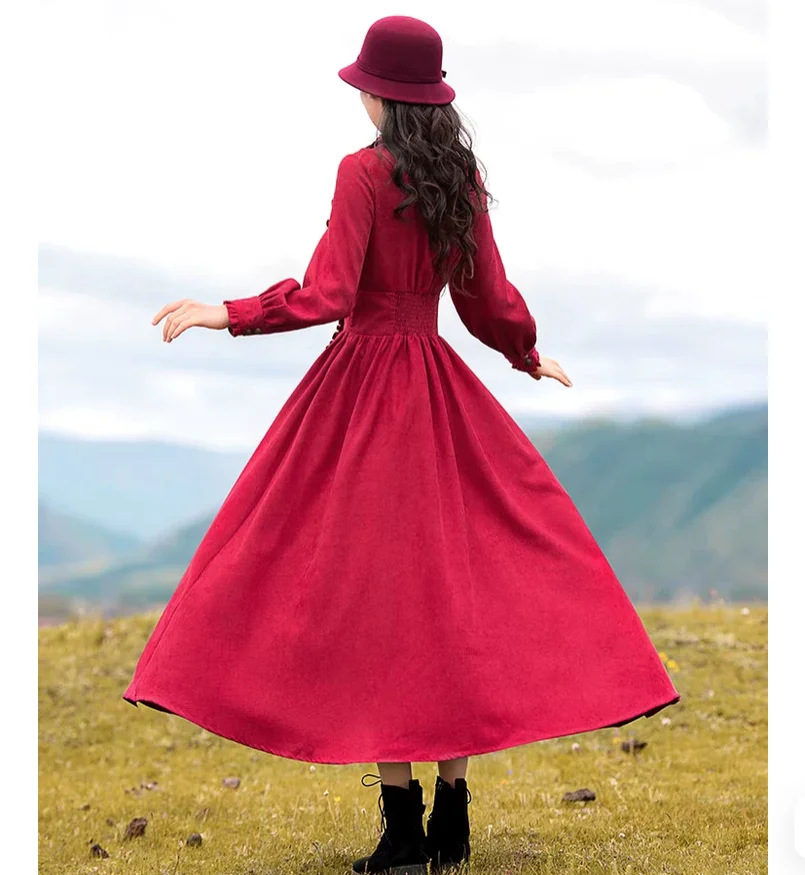 Spring and Autumn French Vintage Grand Display Wine Red Dress