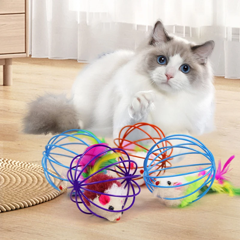 

4PCS Interactive Cat Toy Pet Playing Mouse Rat Mice Ball Cage Toys Pet Supplies Random Color Kitten Feather Teeth Accessories