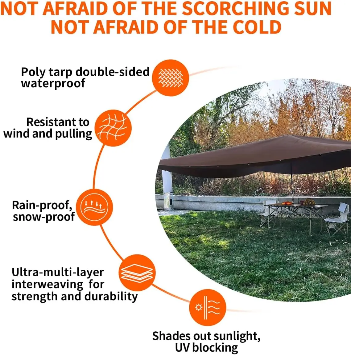 ผ้าใบกันน้ำแบบหนา 12x12 ฟุต, ผ้าใบโพลี 16 มิล พร้อมห่วงตาไก่, ป้องกันรังสียูวี, ผ้าใบอเนกประสงค์สีน้ำตาลเสริมความแข็งแรง