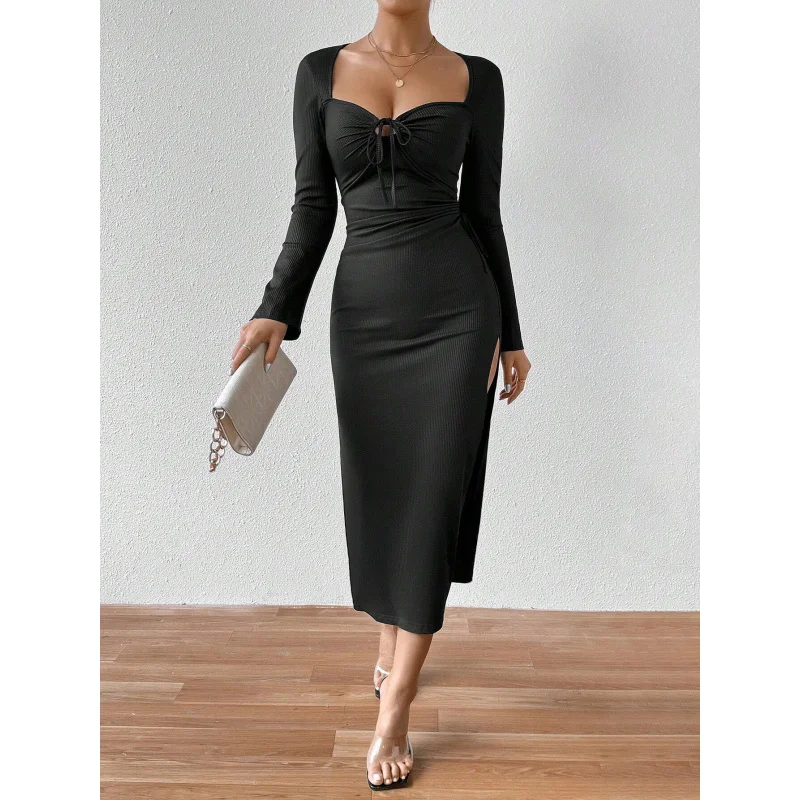 

International Station Women's French Elegant Socialite Style Dress Autumn Winter Square Neck Sexy Slit Slim Fit Midi Dress