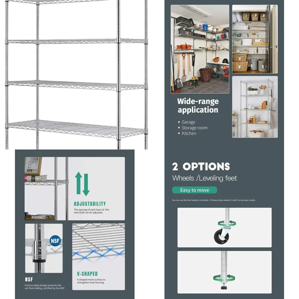 

6-ярусный стеллаж из стальной проволоки с колесами, 18x48x82 дюйма, грузоподъемность 2100 фунтов, хромированная отделка