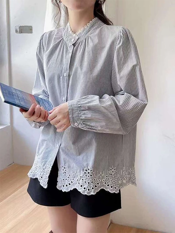 

Женская блузка с кружевной отделкой и длинными рукавами, весенне-осенняя, модная, с вырезами, в полоску, универсальная, для повседневной носки, из смесового хлопка