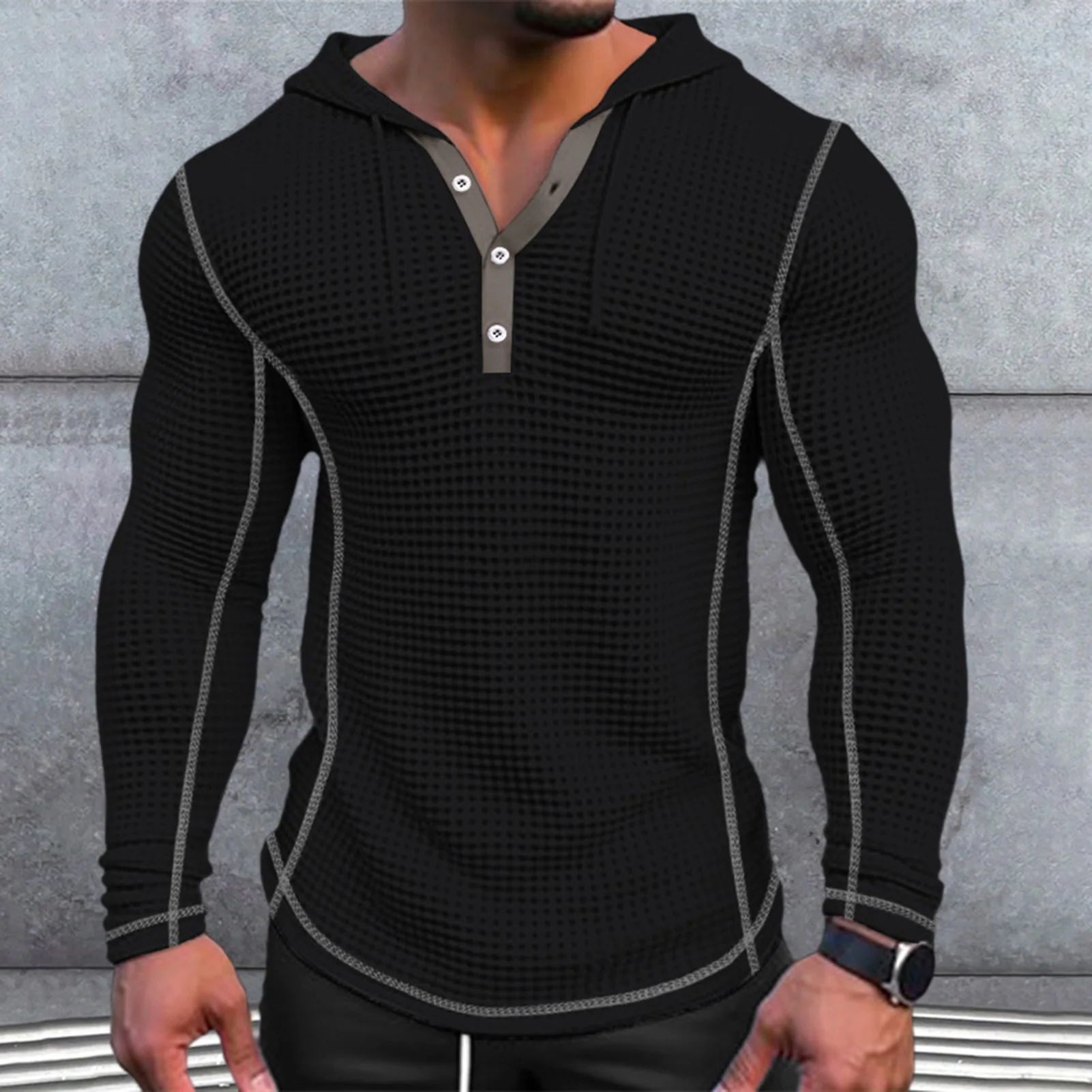 New Men's Waffle Solid color T-shirt Long sleeve V-cardigan Henry Neck Tee Tops Spring Autumn Casual Comfort Elastic Shirt