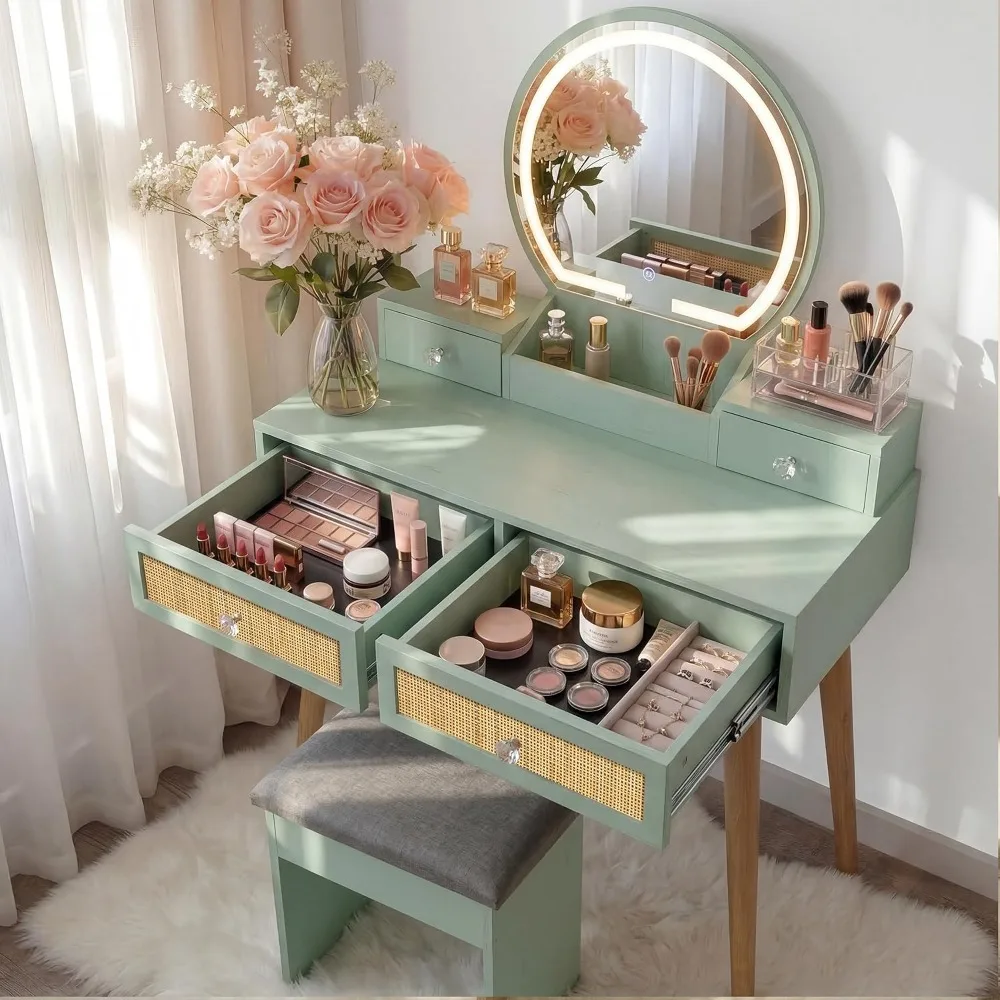 Small Vanity Desk Set with 3 Modes Adjustable Lighted Mirror, 31 Inch Makeup Table