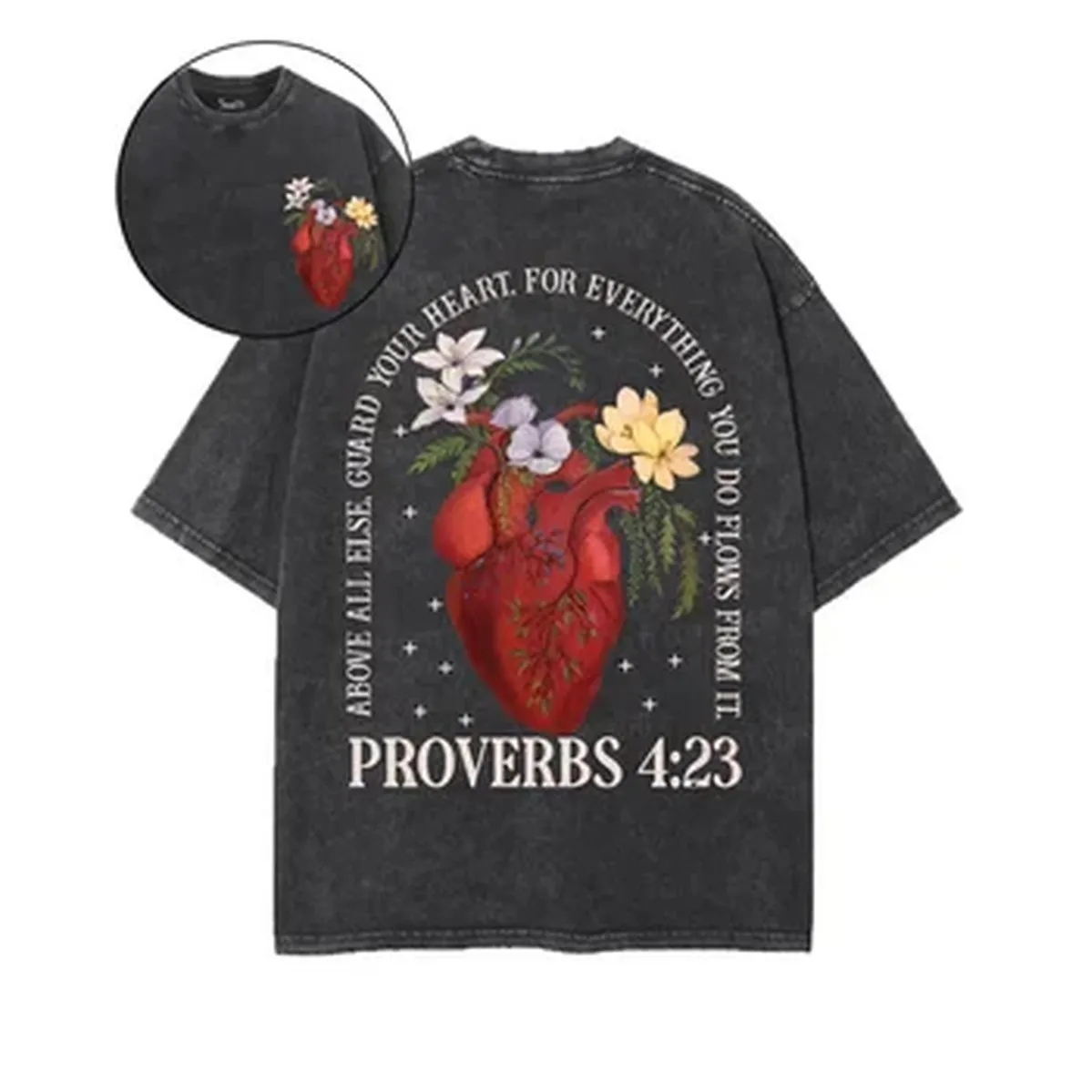 Heart Flower PROVERBS 4:23 Printed T-shirt Washed Oversized T Shirt Summer Short Sleeve Cotton Tees Tops Men Women Clothing