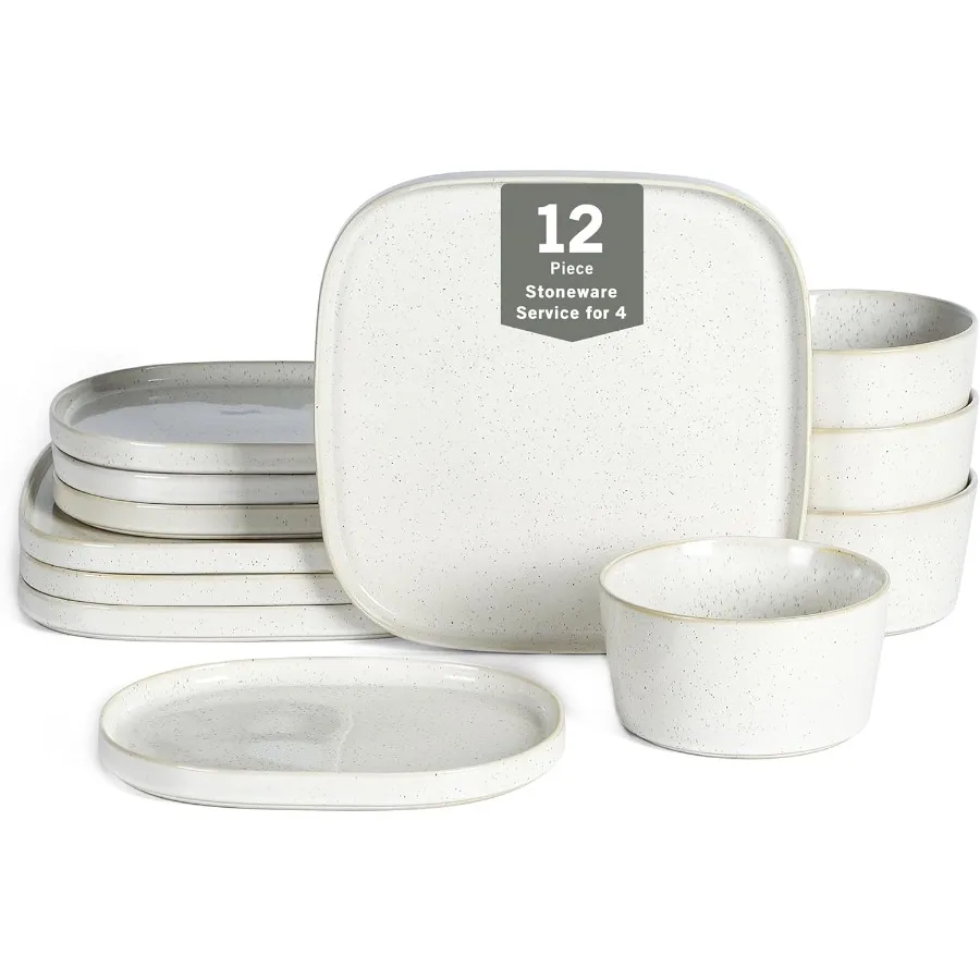 طقم أواني طعام مكون من 12 قطعة من أطباق وأوعية من الخزف الحجري للميكروويف وآمن للاستخدام في غسالة الأطباق يتضمن أطباق العشاء والسلطة Cere