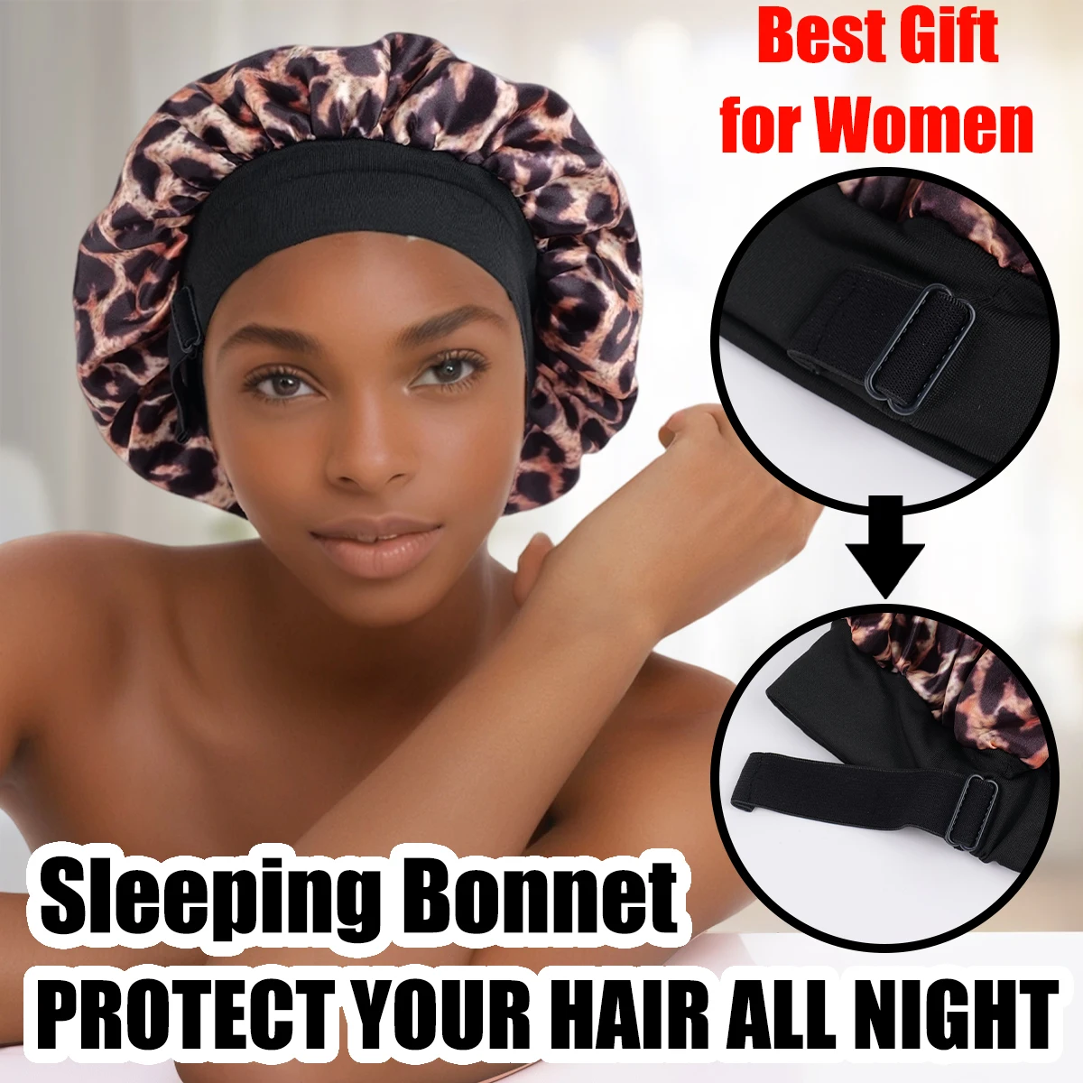 Unisex Adjustable Leopard Print Satin Sleep Cap Soft Breathable Night Hat for Various Head Sizes with Large Opening