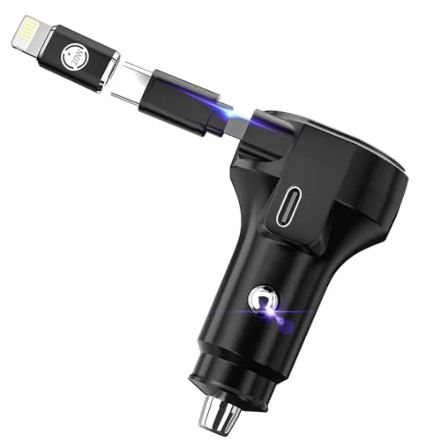 

USB-C Car Charger, 45W 2-in-1 PD Fast Charger with Retractable Cable, Universal Car Adapter for iPhone 17/16 Series, MacBook Pr