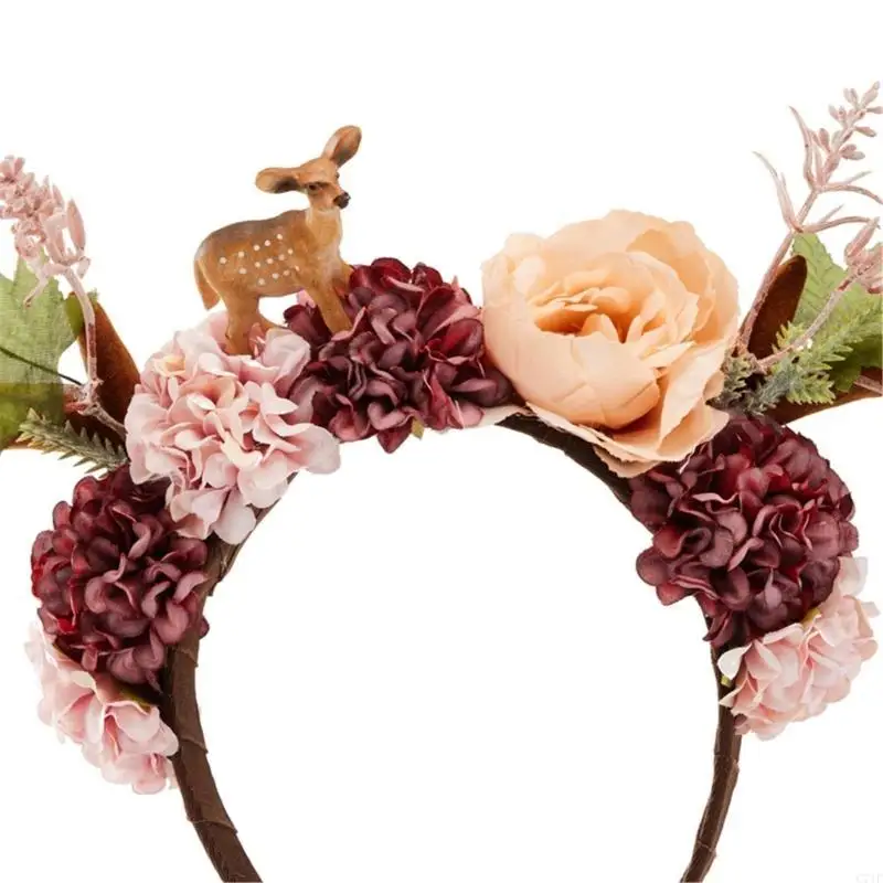 

C71F Рождественская повязка для волос с рогами, вечерние головные уборы, обруч для волос с цветком оленей для женщин