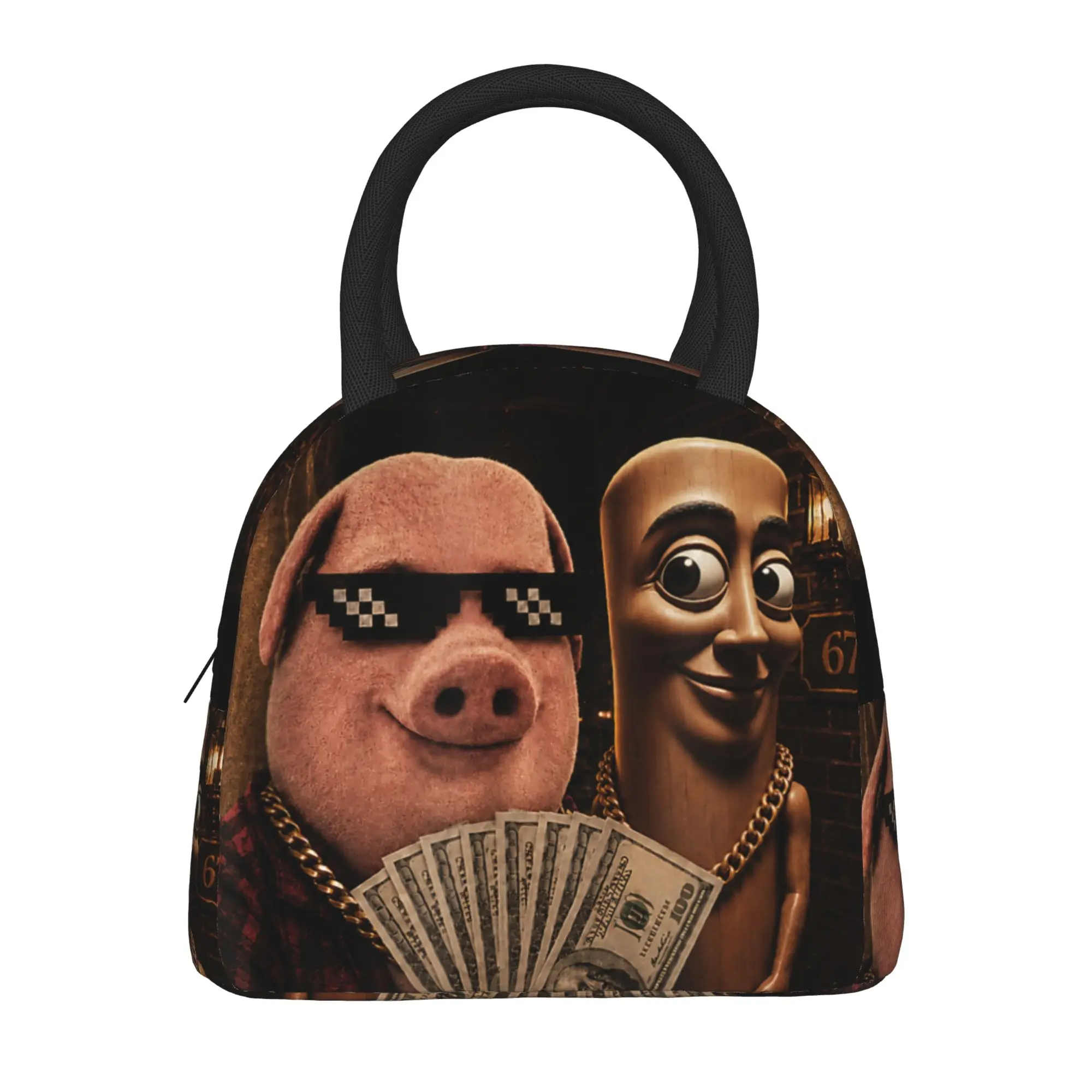 John Pork and Tung Tung Tung Sahur Front Door Motion Lunch Bag School Lunch Box For Unisex Casual Custom Thermal Tote Handbags