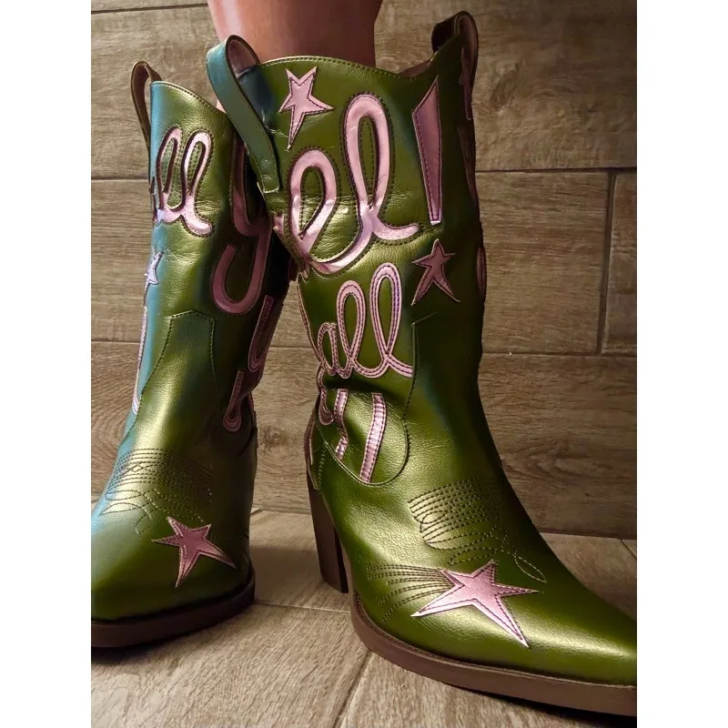 Embroidery PU Leather Pointed Toe Mid-Calf Women Western Boots Chunky Middle Heels Slip On Design Large Size Cowboy Shoes