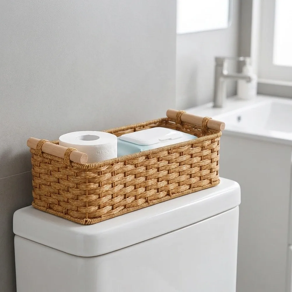 Narrow Bathroom Shelf Woven Bathroom Basket Sturdy Wood Handles Slim Profile Design Compact Dimensions Paper Rope Material