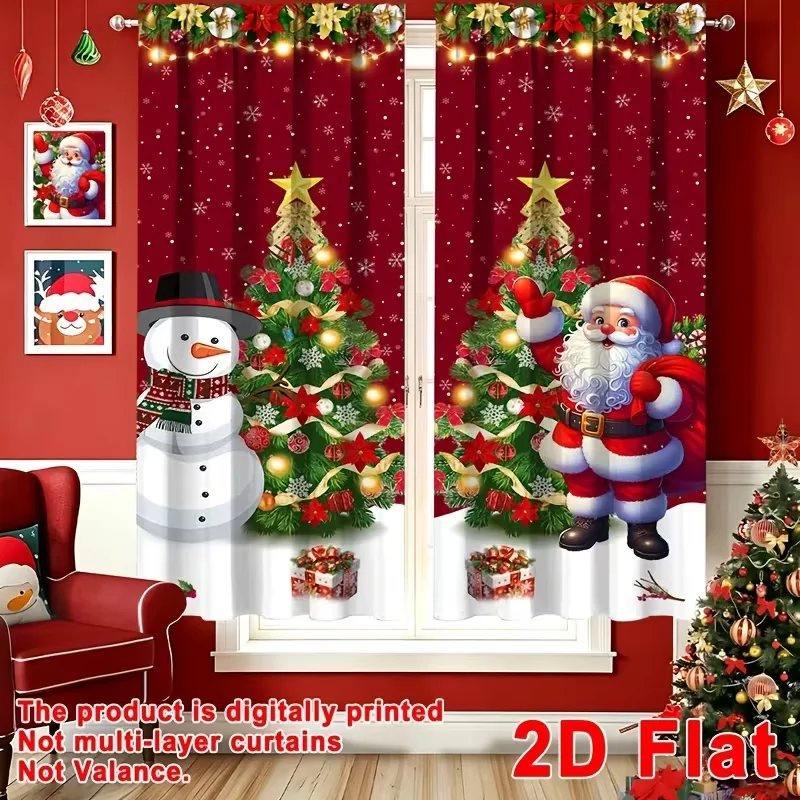 2pcs Festive Christmas Curtains Santa Snowman Xmas Tree Design Rod Pocket Curtains, Light Filtering Window Drapes for Bedroom