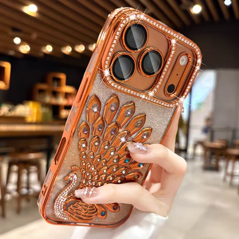 

Jewelled Peacock Cover Funda For iPhone 17 Pro Max Luxury Glitter Cases For iPhone 16 Pro Max 15 Pro 14 Plus 13Pro Shining Case