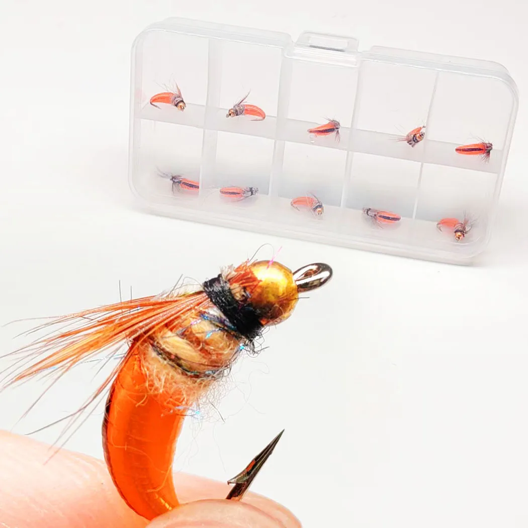 10 Stück-mit Fliegenbox Fliegenfischen Fliegen Künstlicher BeadHead Nymphe Orange Trockenfliegen Köder zum Angeln Forellen Nymphenköder – Detail 2