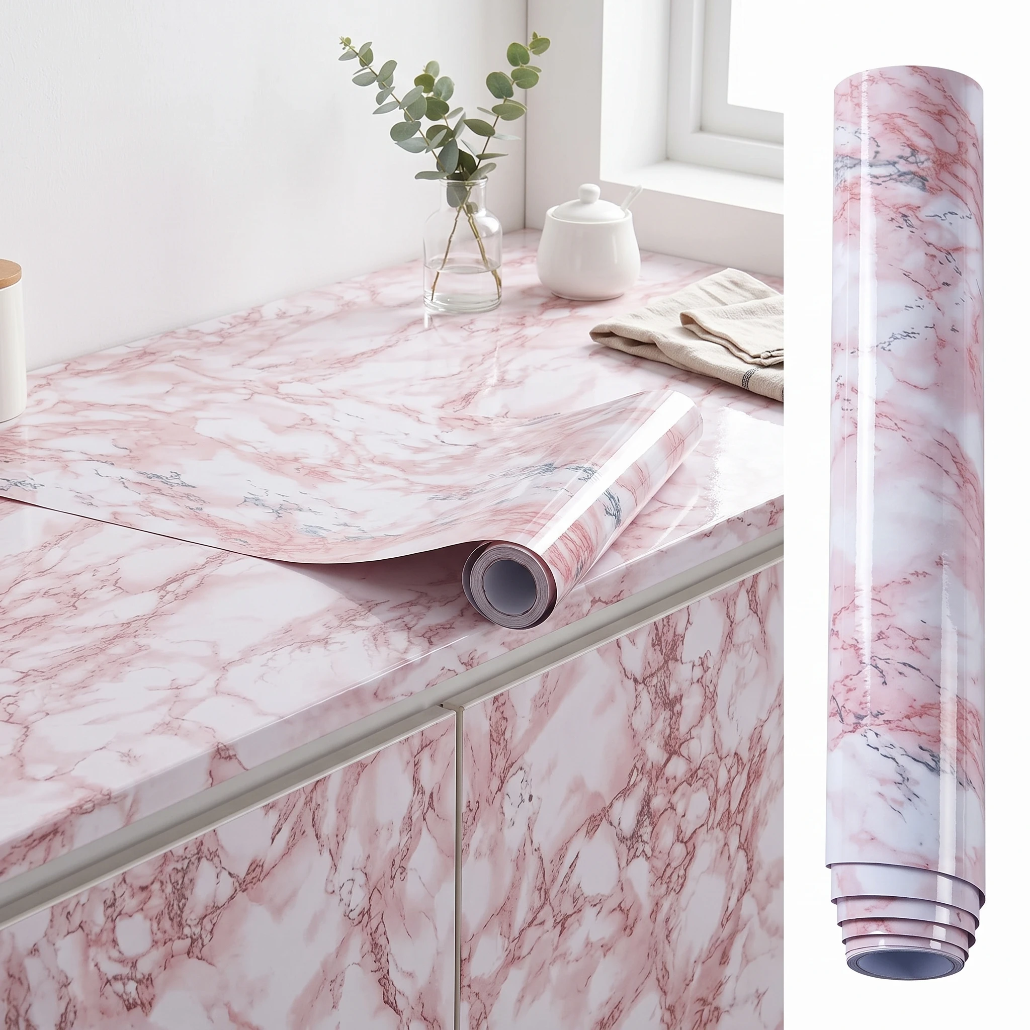 Glossy Pink Marble Contact Paper Self-Adhesive for Kitchen Countertop Waterproof Oil-ProofGranite Wallpaper Sticker Home Decor