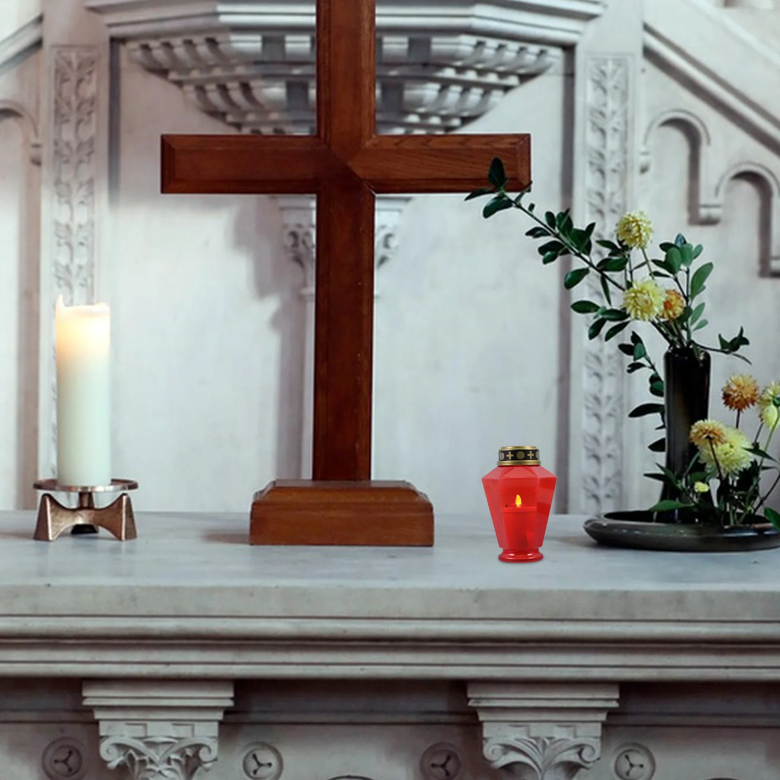 5 قطع من 5 قطع من شموع القبر LED المتقاطعة الشمسية لمقبرة الشاي الخفيفة المضاءة المتقاطعة عديمة اللهب المستدقة باللون الأحمر #3