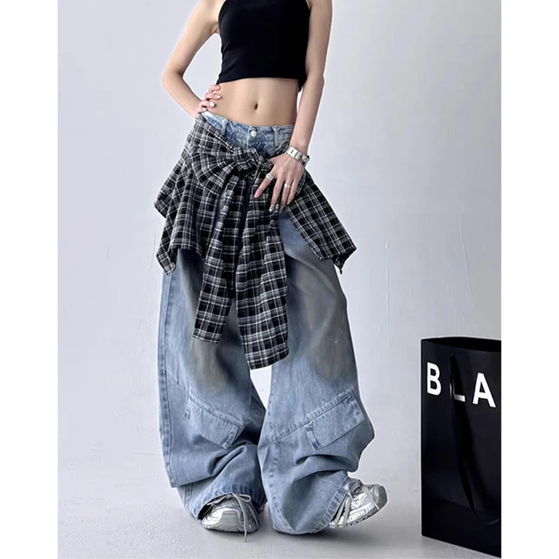 

MEXZT Y2K Cargo Jeans Women Harajuku Plaid Patchwork Wide Leg Denim Pants Vintage Grunge Korean High Waist Baggy Design Trousers