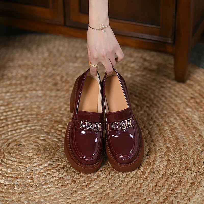 2022 Spring Platform Shoes Casual Slip-On Loafers Pantent Leather Round Toe Shoes Woman Chunky Heel Women Shoes Zapatos De Mujer