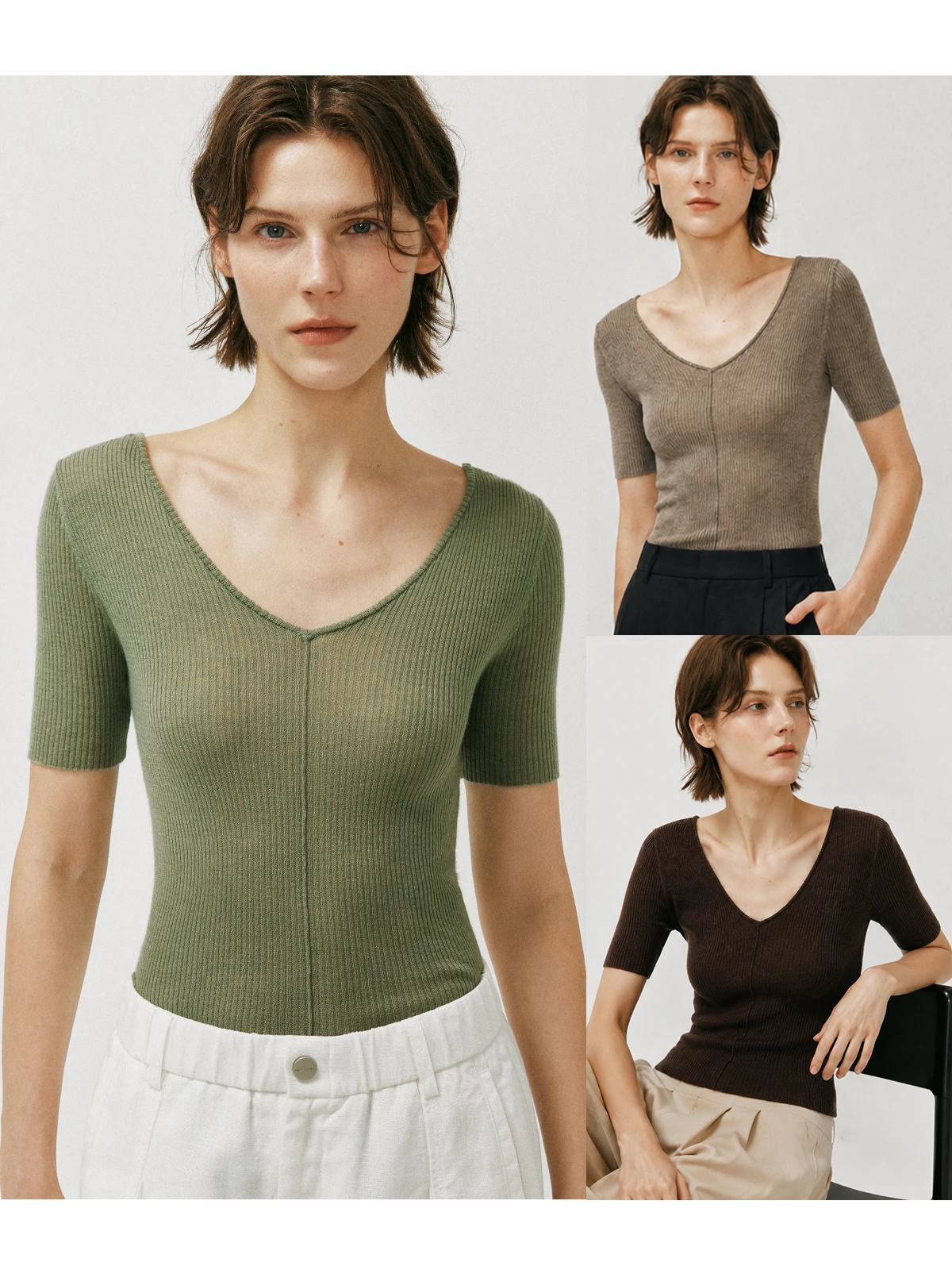 Comfortable Wool Knitted Short Sleeve T-Shirt Double V-Neck Slim Fit Skin-Like Touch Sensation Breathable Ladies Top