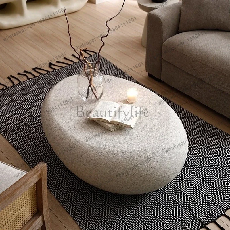 Coffee Table Accent Side Modern Irregular Center Table Oval Coffee Table With Grainy Matte Rocks Pattern Drum Fiberglass