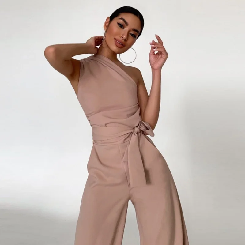 Fashion Casual High Street Slim Solid Jumpsuits Women Sexy Skew Collar Backless Jumpsuit Spring Summer Sleeveless Lace-Up Romper