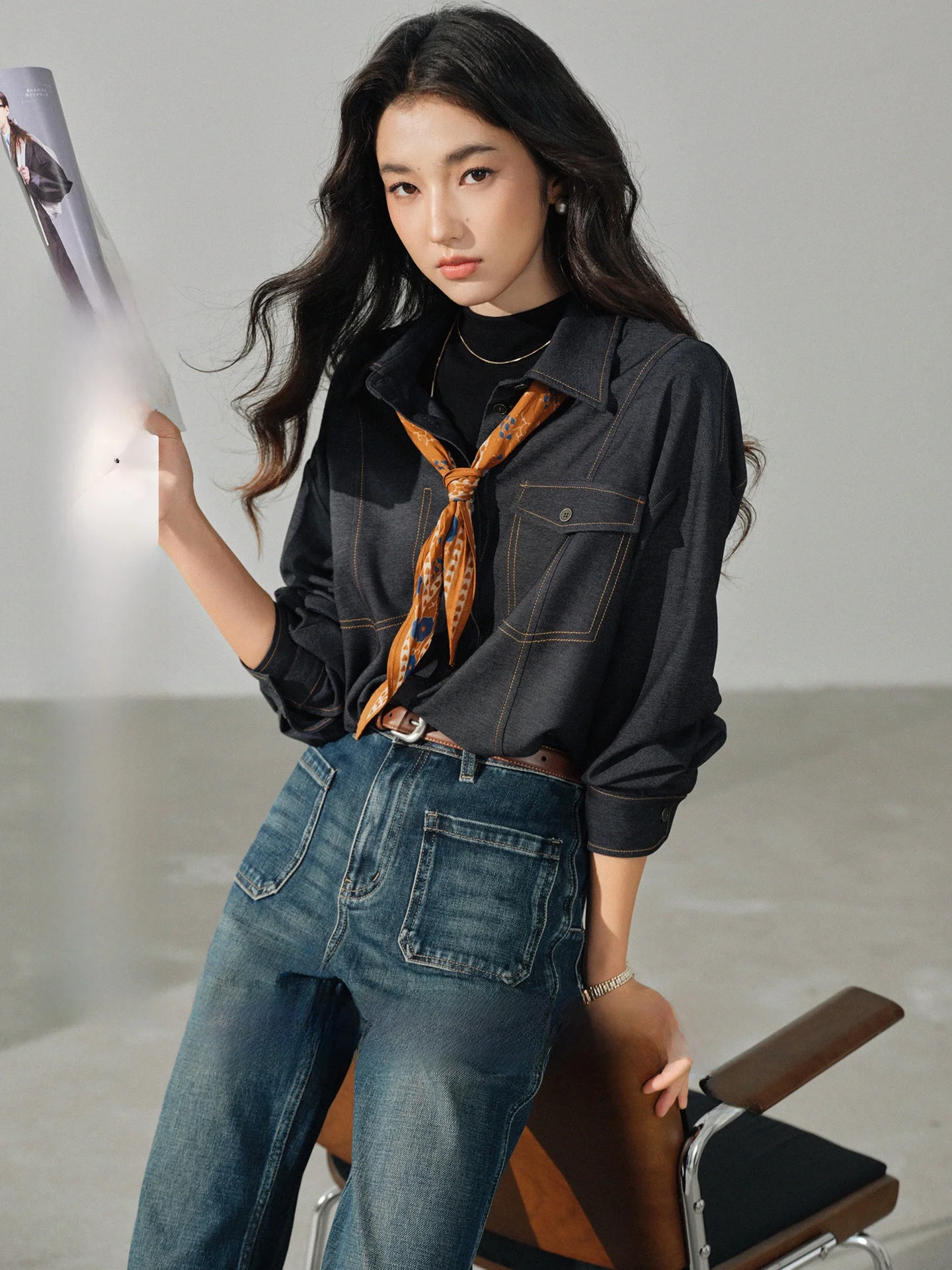 

bunny Casual Sle Color Blo Collar irt Jaet Women's Autumn Loose Fit Long Sve Polyester Blend Slimming Top