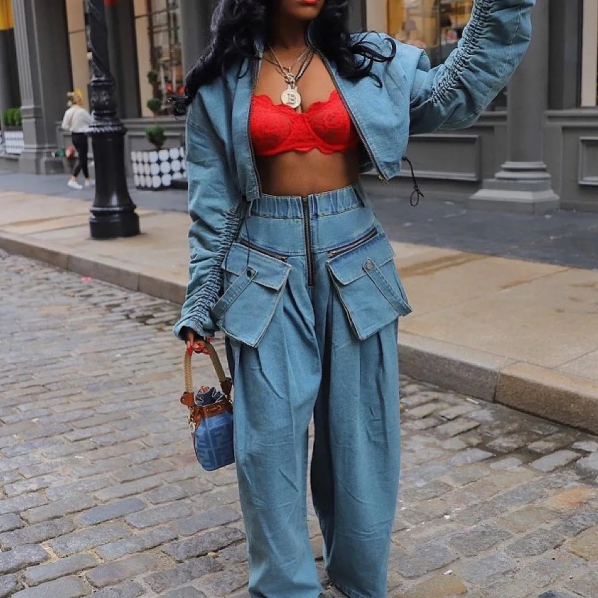 Denim Crop Jackets Two Piece Sets Women Winter Fall Outfits Y2K Streetwear 2023 Ladies Denim Coats Jeans 2 Piece Set Outfits