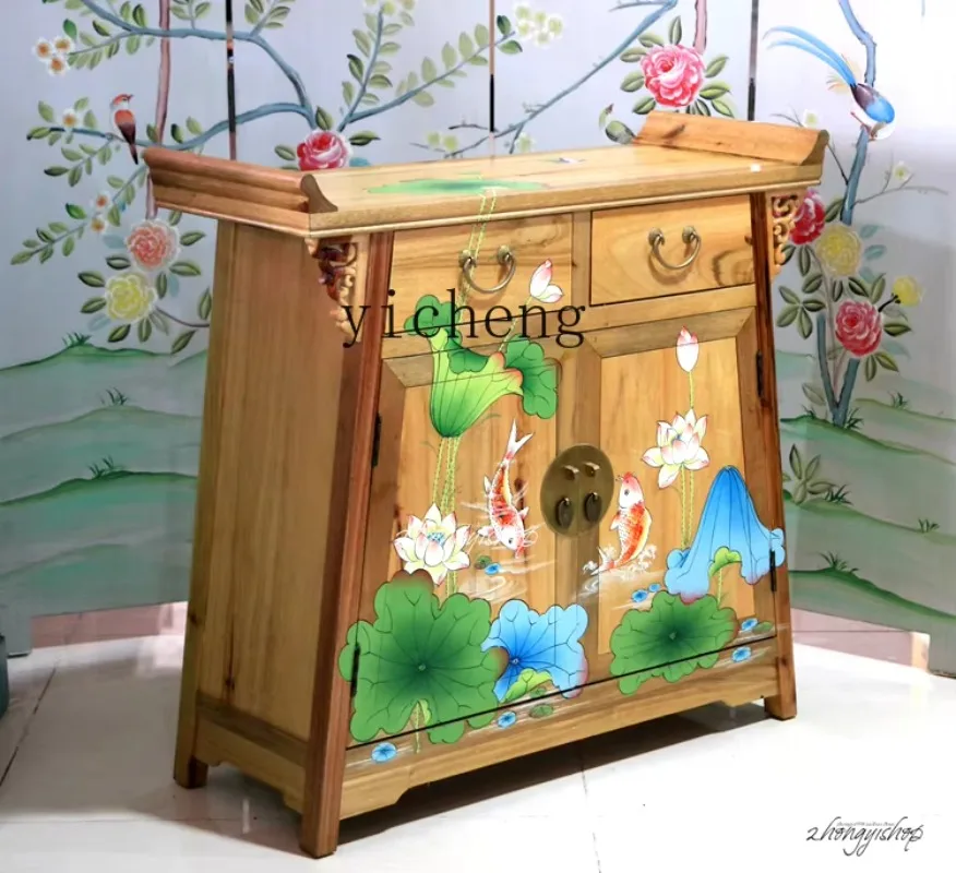 D20 Hand-painted Furniture Tilted Head Porch Cabinet Locker Shoe Cabinet Two Buckets Double Door Cabinet Lotus Flower