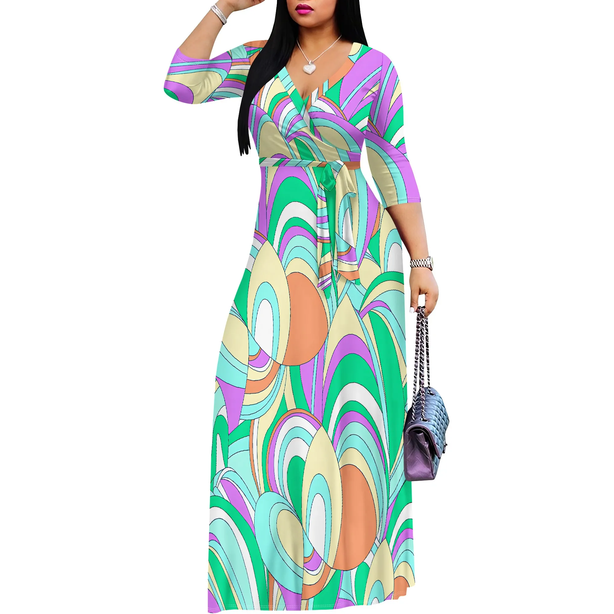 Seksowna sukienka damska z krótkim rękawem i dekoltem w szpic Boho Long Dress Fashion Printed Split Hem Club Party Casual Vacation Maxi Dress
