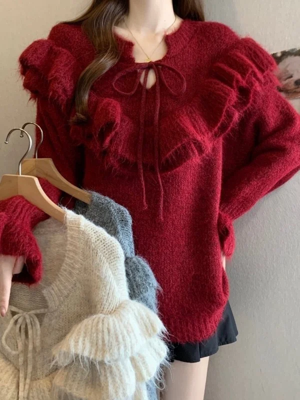 

Женский вязаный свитер оверсайз с длинными рукавами, красный, с отделкой «волнистый край», для новогодних выходов, повседневный, приталенный, в корейском стиле