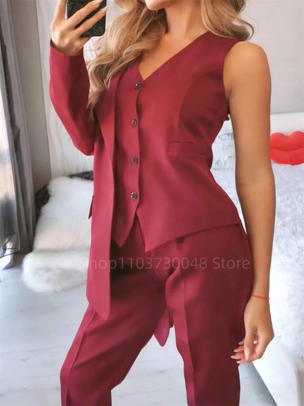 Picture 3: Women Suit 3 Pieces Burgundy With Peak Lapel One Button For Wedding Banquet Party Business Office Commute Daily Blazer And Pants