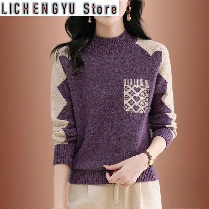 

Женская одежда, пуловер контрастного цвета, свитер с длинными рукавами, вязаные карманы, повседневная мода, осенне-зимние топы с полувысоким воротником