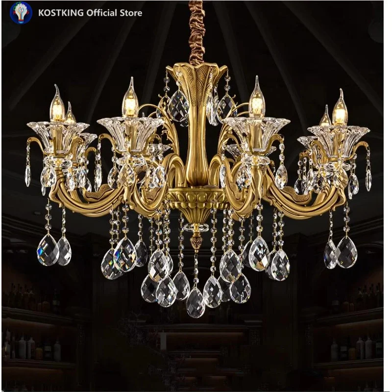 

European Copper Chandelier Living Room Haning lamp French Classic Candle Copper Chandelier Luxury Crystal Lamps Home Decoration
