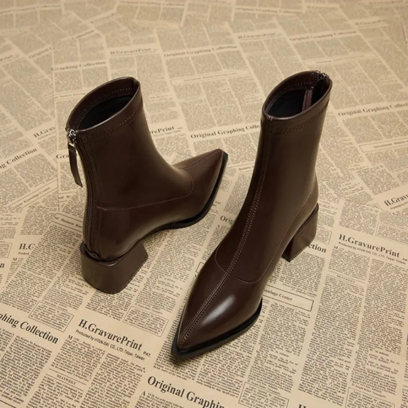 Versatile Temperament Shows Skinny Booties Fashion Pointed Toe Zipper Soft Sole Non-slip Block Heel Shoes