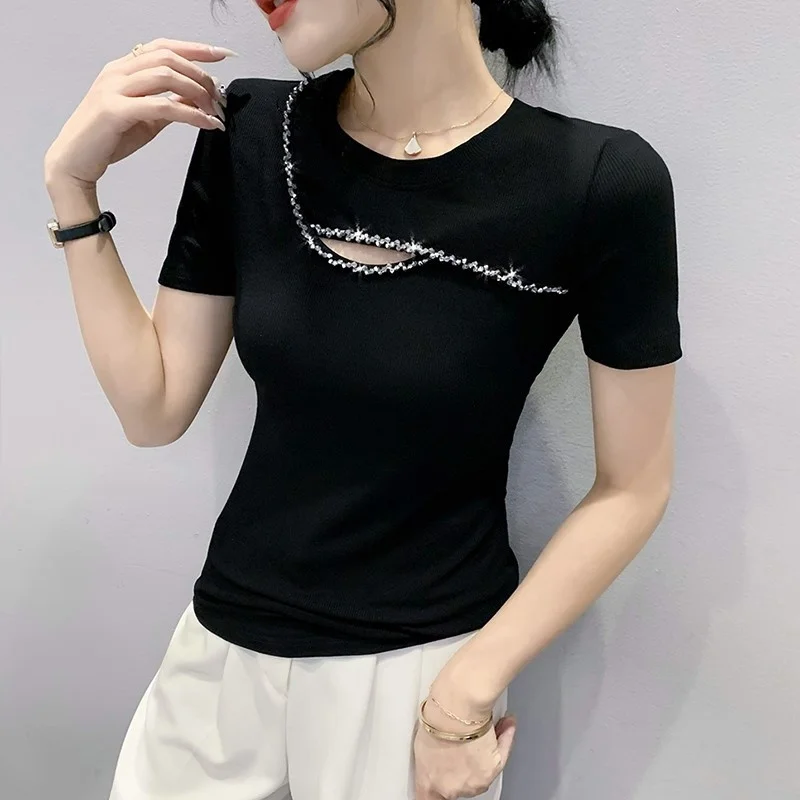 

#5134 Summer Stretch Cotton Short Sleeve T Shirt Women Hollow Out Sexy Skinny Short T-shirt Female O-neck Black Blue Green