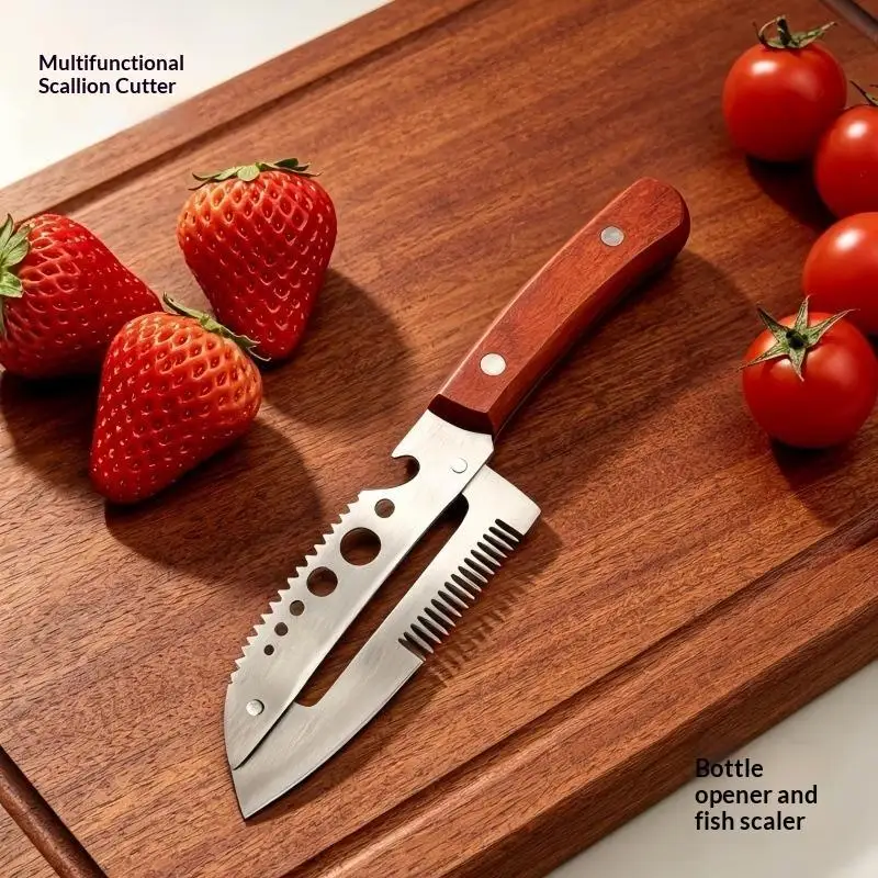 Multifunctional Stainless Steel Onion Cutter With Wood Handle Bottle Opener Fish Scraper For Home Kitchen Use Accessories Gift