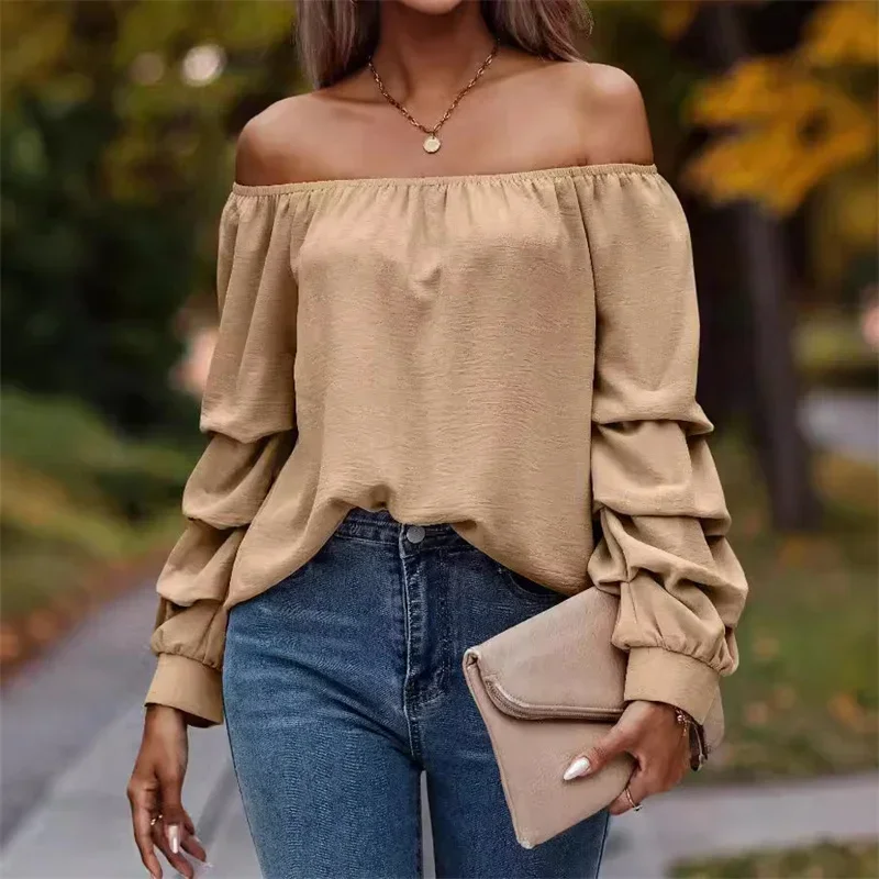 Fashion Stretch Off The Shoulder Neck Pullover Shirt Women Blouse Female Commuter Stacked Long Sleeve Tops New Casual Streetwear