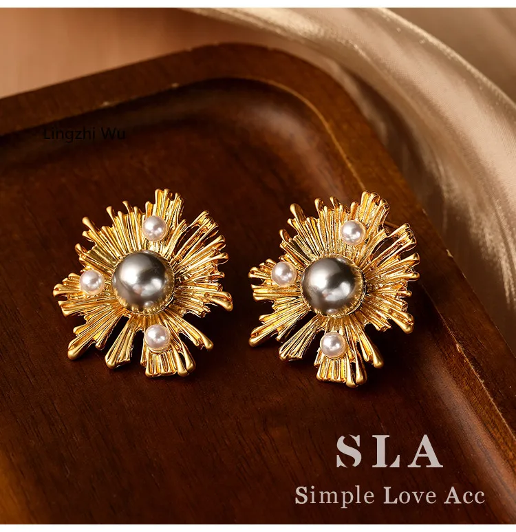 

Lingzhi Wu Sunflower Luxury Elegant Pearl Silver Earrings Female New Arrival