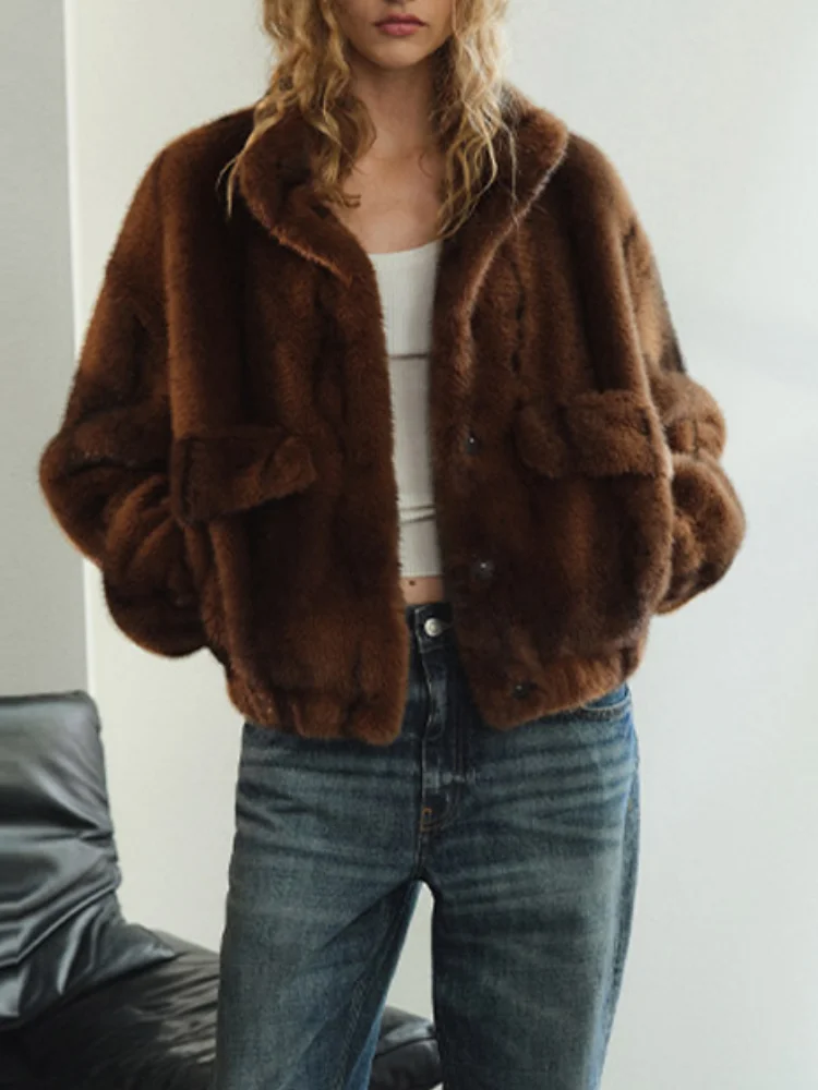 Women Elegant Trendy Faux Fur Winter Warm Coat Vintage Long Sleeved Single Breasted Thick Jacket New Commute High Street Outwear