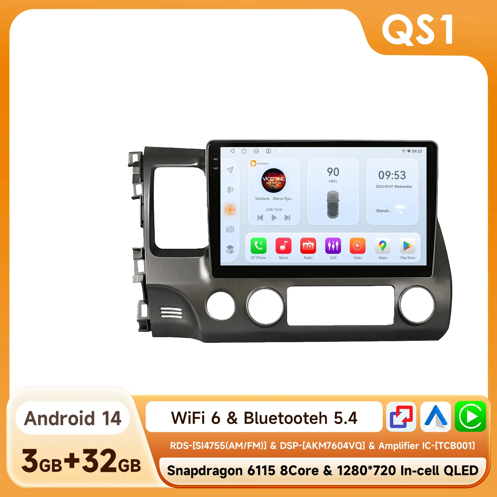 4G Autoradio Android 14 Autostereo Radio voor Honda Civic 8 2006 - 2011 Multimedia Videospeler Navigatie GPS 2Din WiFi Audio BT