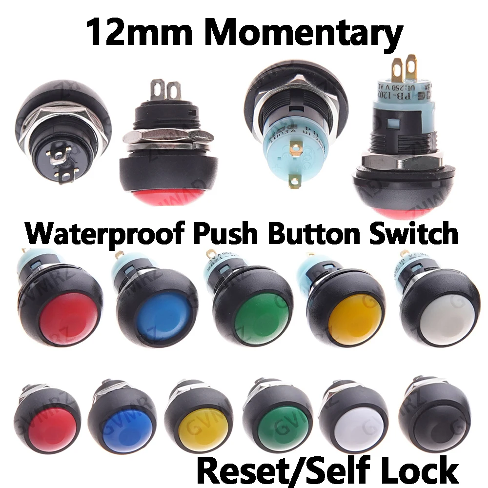 5PCS Blue White 12mm Momentary Waterproof Push Button Switch Red Yellow 12mm Green Mini Horn1A 250V Self-reset Black DIY 