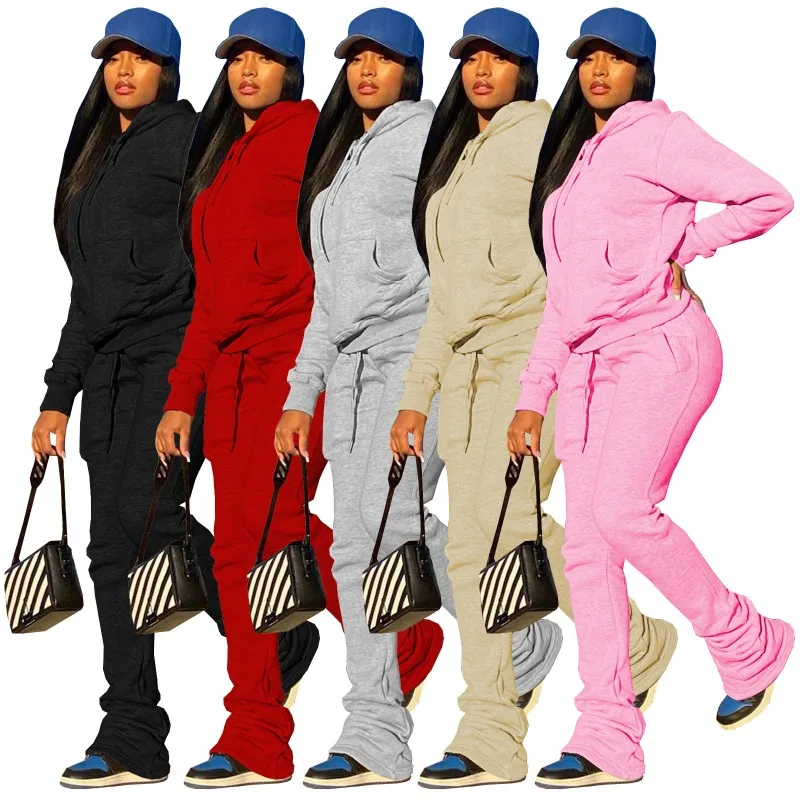 In Stock European American Fashion Women's Hoodie with Fleece Sweatshirt Sporty Casual Drawstring Pile Pants Two-piece Pants Set